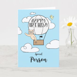 Long Distance Birthday Cat in Hot Air Balloon      Card