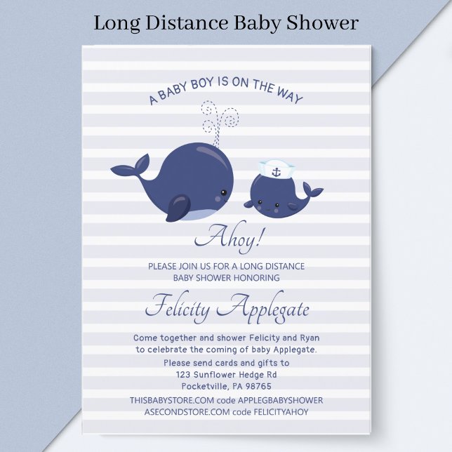Long Distance Nautical Blue Whale Boy Baby Shower Invitation