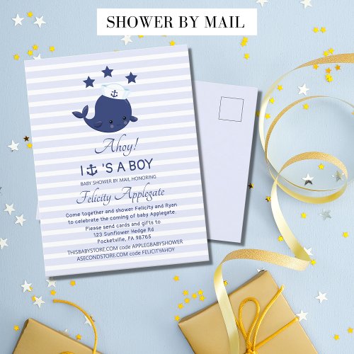 Long Distance Nautical Blue Whale Boy Baby Shower Invitation Postcard
