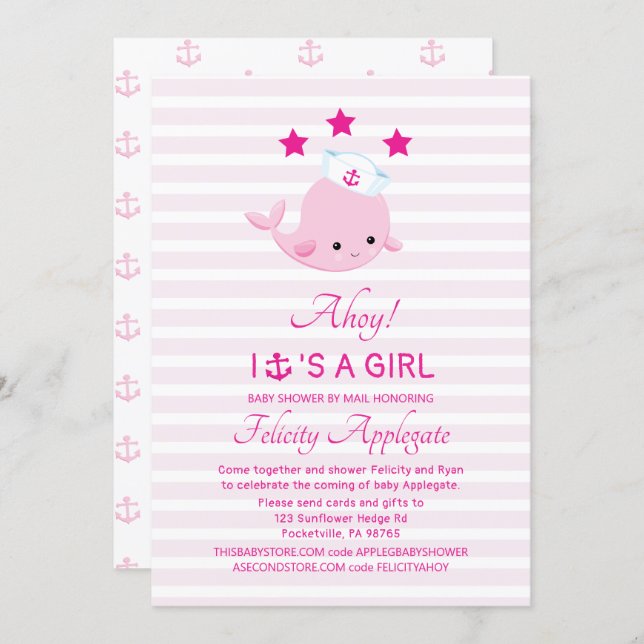 Long Distance Nautical Pink Whale Girl Baby Shower Invitation (Front/Back)