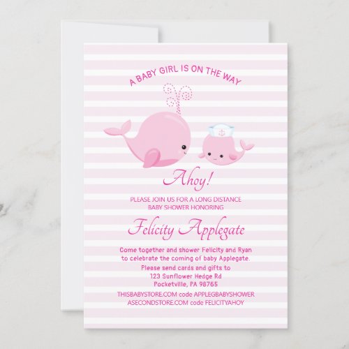 Long Distance Nautical Pink Whale Girl Baby Shower Invitation