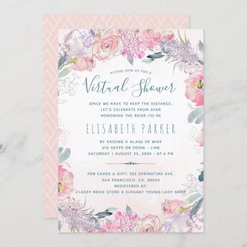 Long distance pink floral virtual bridal shower invitation