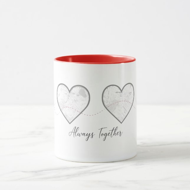 Long Distance Relationship Map Hearts Personalized Mug (Center)
