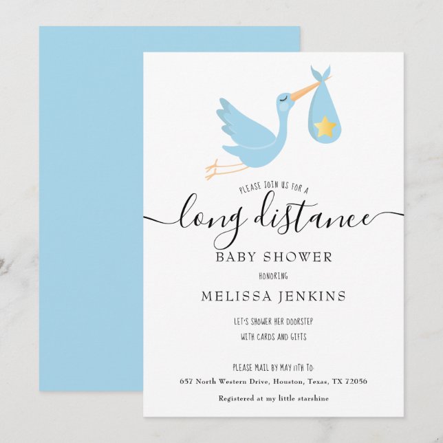 Long Distance Shower By Mail Blue Stork Star Invitation (Front/Back)