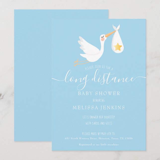 Long Distance Shower By Mail Stork Star Blue Invitation (Front/Back)