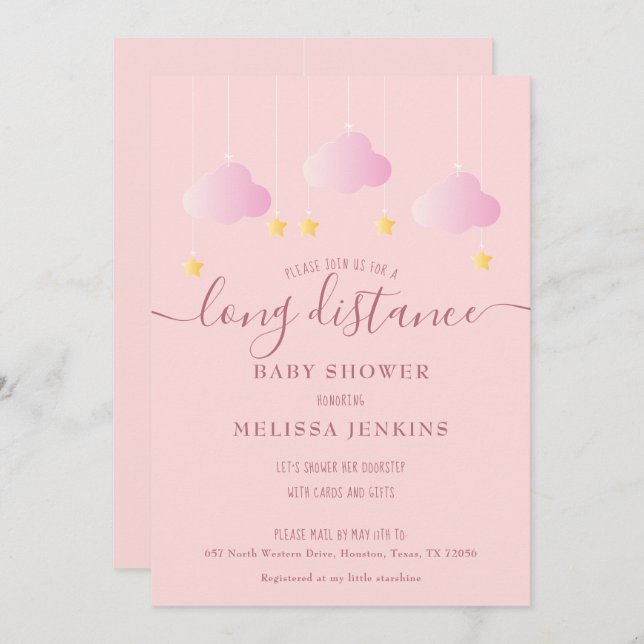 Long Distance Shower / Sprinkle By Mail Pink Invitation (Front/Back)