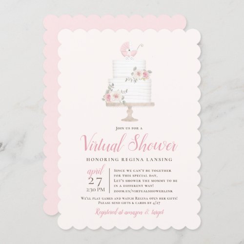 Long Distance Virtual Shower Pink Pram Cake Invitation