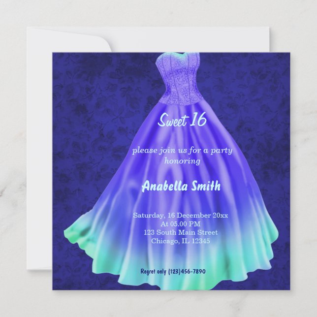 Long dress Sweet 16 (Blue) Invitation (Front)