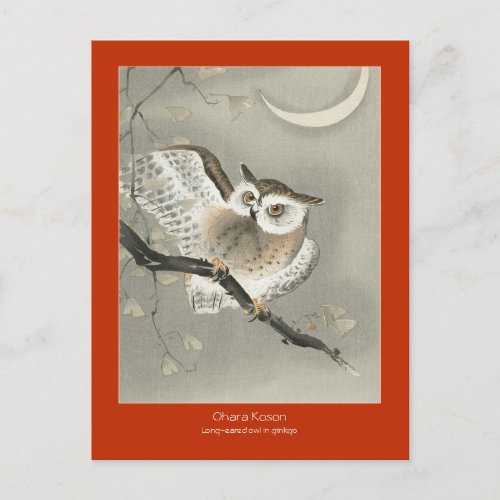 Long_eared owl in ginkgo _ Red _  Ohara Koson  Postcard