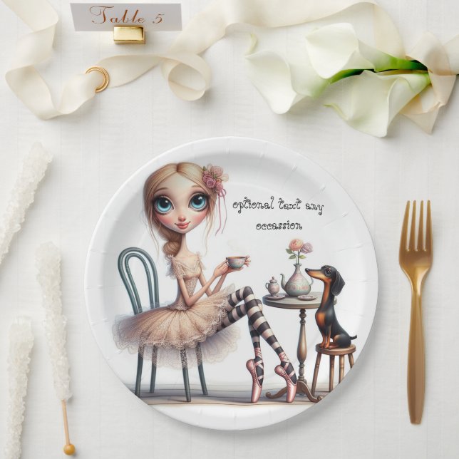 long egated neck Wide Eyed Primitive Girl with dog Paper Plates (Wedding)