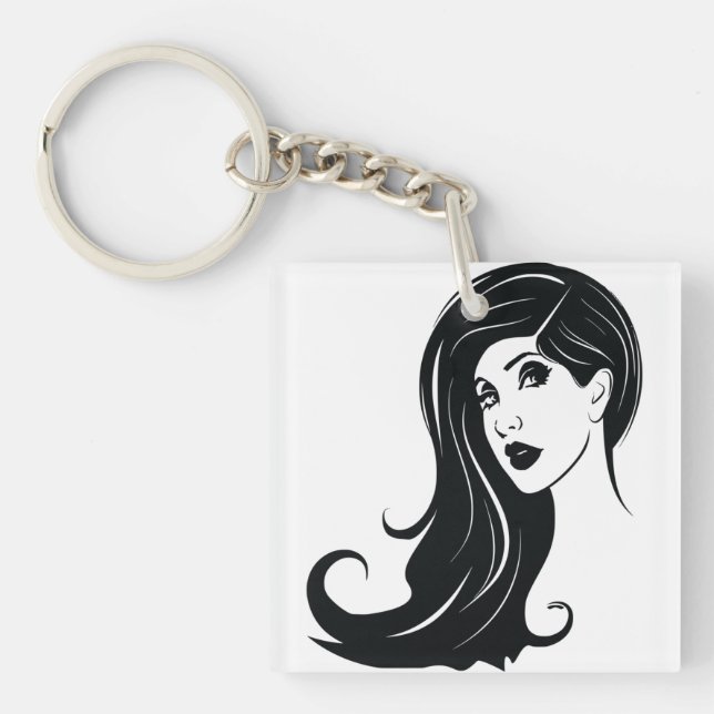 Long Hair Beautiful Woman Fashion Art Keychain (Front)