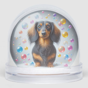 LONG HAIR BLACK AND TAN DACHSHUND SNOW GLOBE