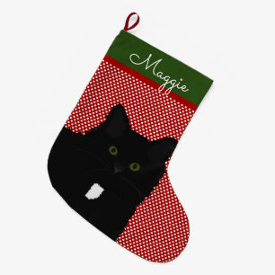 Long Hair Black Cat Personalized Large Christmas Stocking