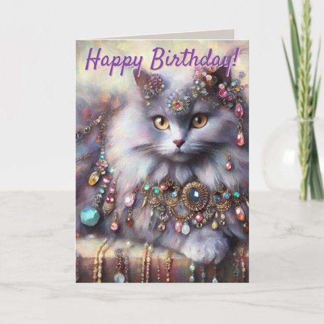 Long Hair Cat Jewels Personalized Birthday Card (Front)
