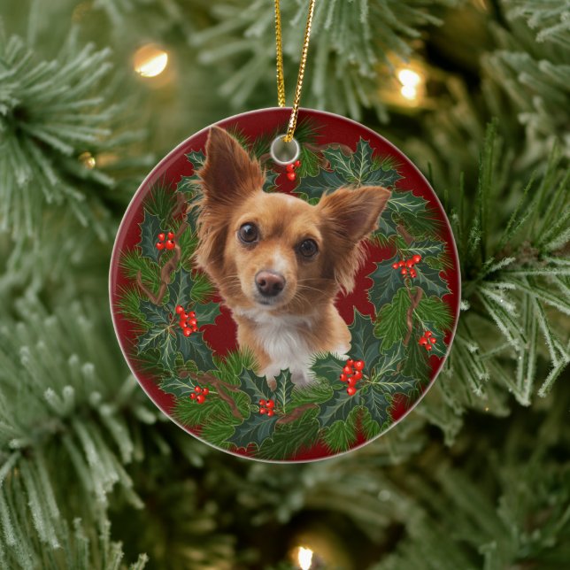 Long hair Chihuahua Dog Christmas  Xmas wreath red Ceramic Ornament (Tree)
