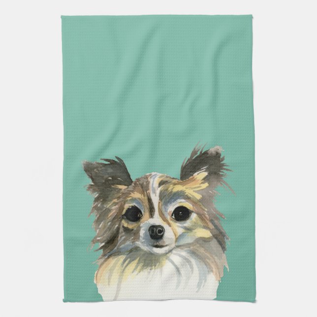 Long Hair Chihuahua Dog Watercolor Portrait Towel (Vertical)