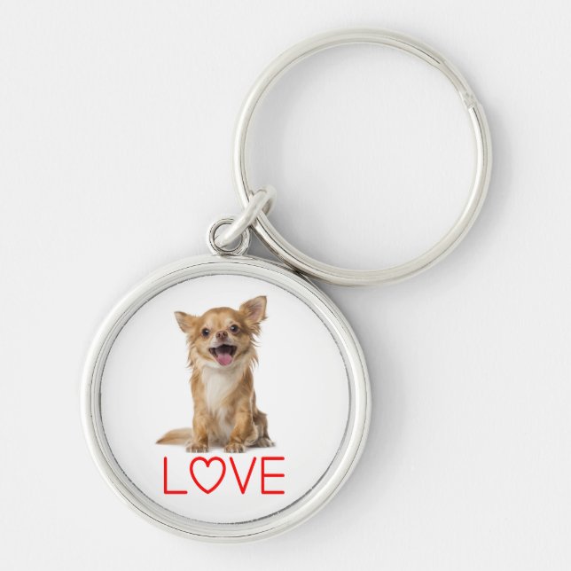 Long Hair Chihuahua Puppy Dog Red Love Keychain (Front)