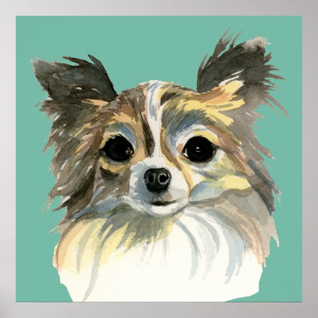 Long Hair Chihuahua Watercolor Portrait Poster (Front)