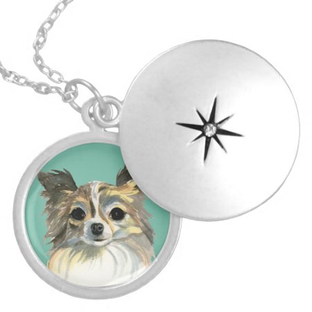 Long Hair Chihuahua Watercolor Portrait Silver Plated Necklace