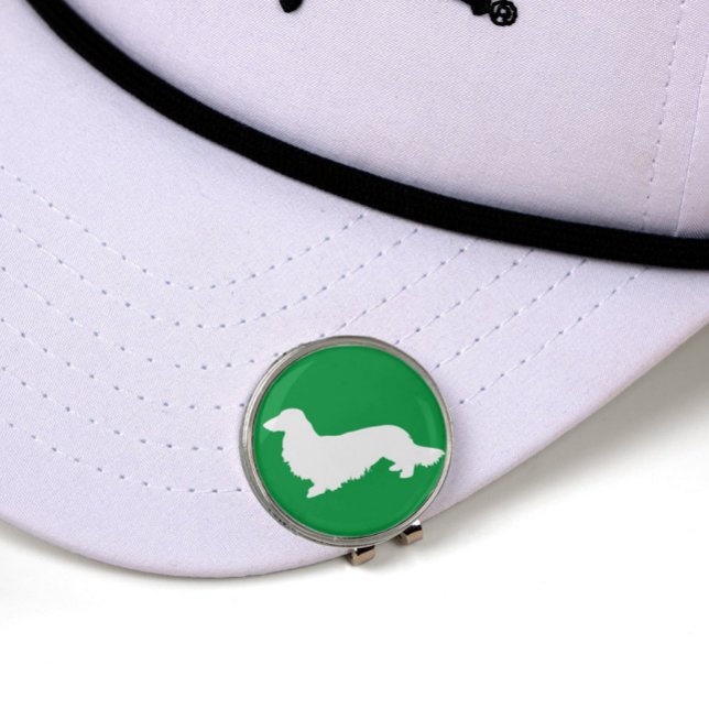 Long Hair Dachshund Loving Golfer Green Gift Golf Hat Clip (long hair dachshund golf gift for long hair doxie moms or long hair sausage dog dads)