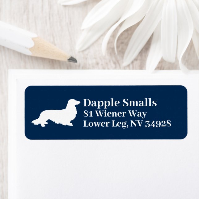 Long Hair Dachshund Navy White Address Label (Insitu)