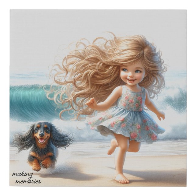 Long Hair Dachshund on Beach Faux Canvas Print (Front)