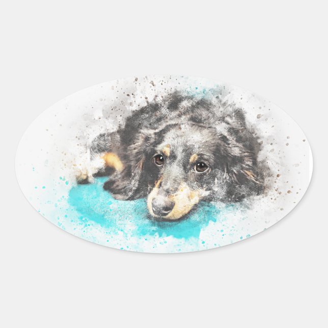 Long Hair Dachshund Oval Stickers (Front)