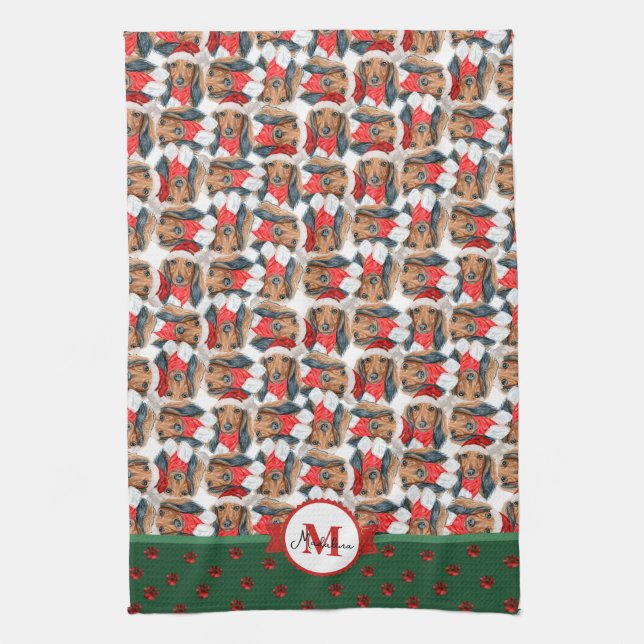 Long Hair Dachshund Pattern Monogram Christmas Dog Kitchen Towel (Vertical)