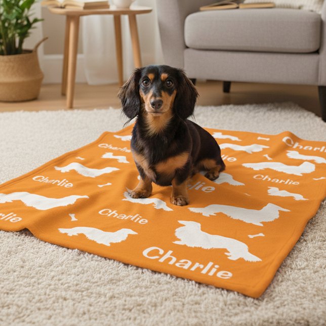 Long Hair Dachshund Personalized Doxie Blanket  (Blanket personalized super soft dachshund blanket orange and more colors available. )