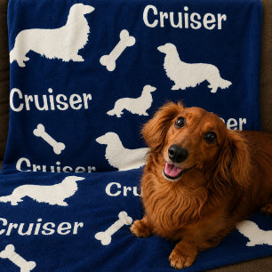 Long Hair Dachshund Personalized Navy Blanket