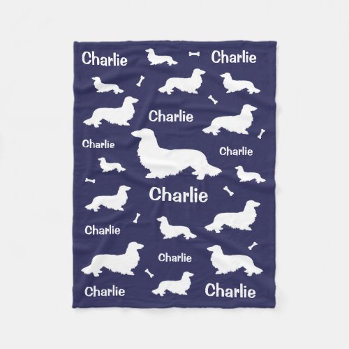 Long Hair Dachshund Personalized Navy Blanket 