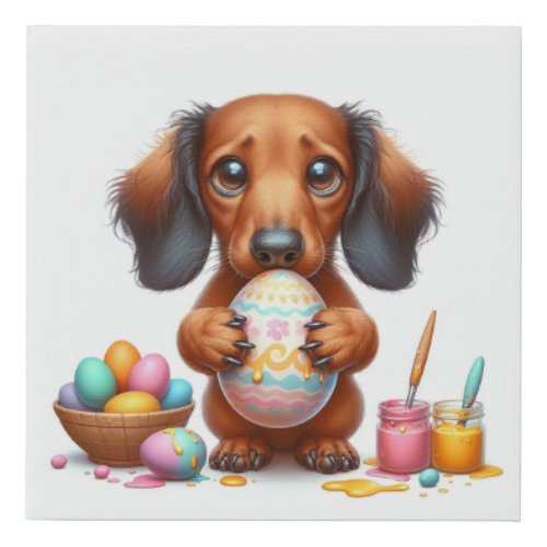 Long Hair Dachshund Puppy Dying Easter Eggs Faux Canvas Print