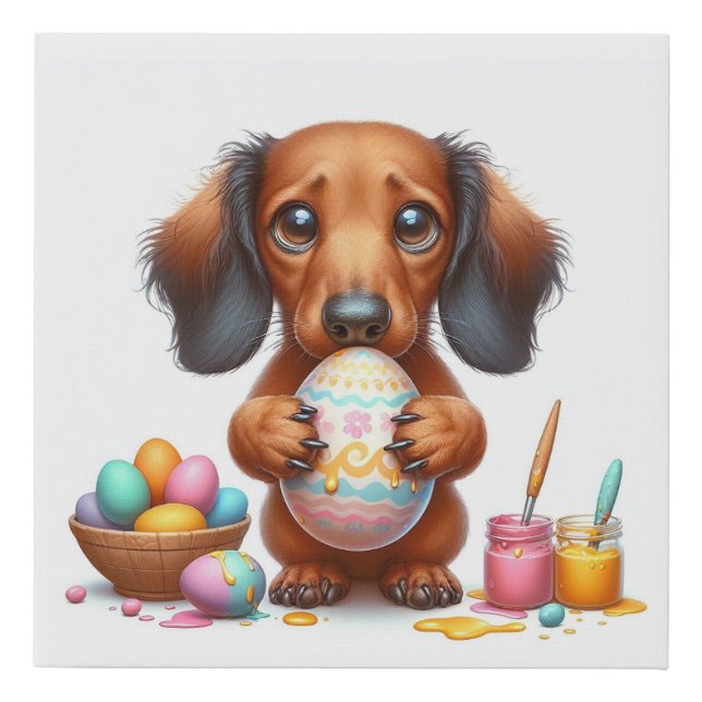 Long Hair Dachshund Puppy Dying Easter Eggs Faux Canvas Print (Front)