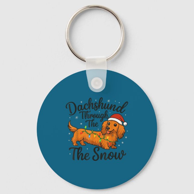 Long Hair Dachshund Through Snow Christmas Pajamas Keychain (Front)