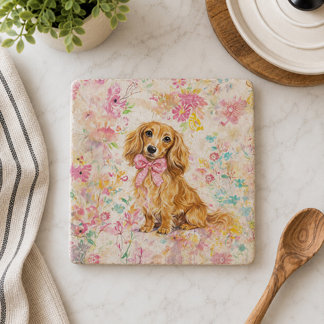 Long Hair Dachshund Watercolor Pastel Floral Trivet