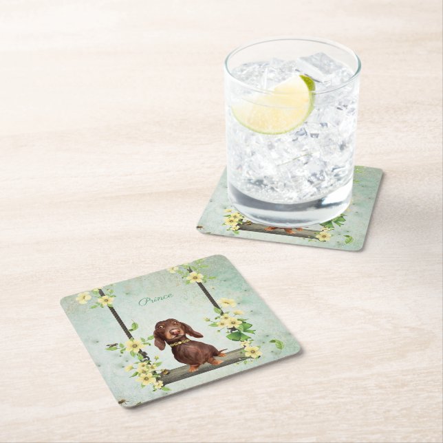 Long Hair Dachshund Yellow Flowers Coaster (Insitu)