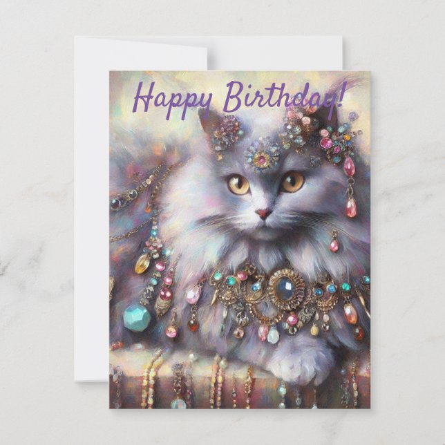 Long Hair Gray Cat Jewels Gemstones Birthday Card (Front)