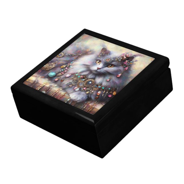 Long Hair Gray Cat w/Jewels Gemstones Painting Gift Box (Side)