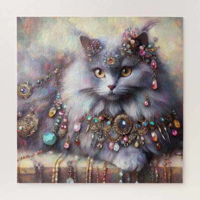 Long Hair Gray Cat w/Jewels Gemstones Painting Jigsaw Puzzle (Vertical)