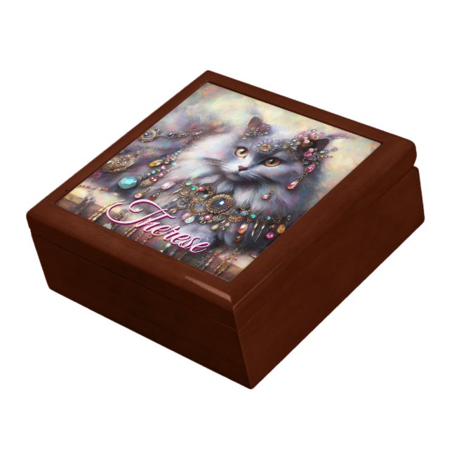 Long Hair Gray Cat w/Jewels Gemstones Personalized Gift Box (Side)
