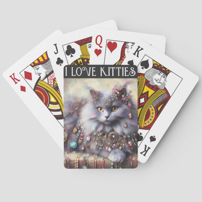 Long Hair Gray Cat w/Jewels I Love Kitties Poker Cards (Back)