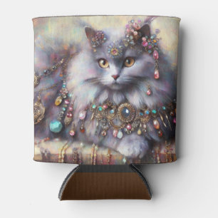 Long Hair Gray Kitty Cat Wearing Jewelry Gemstones Can Cooler