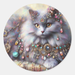 Long Hair Gray Nebelung Cat Kitty Jewelry Jewels Classic Round Sticker