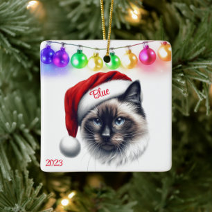 Long Hair Siamese Cat Christmas Ceramic Ornament