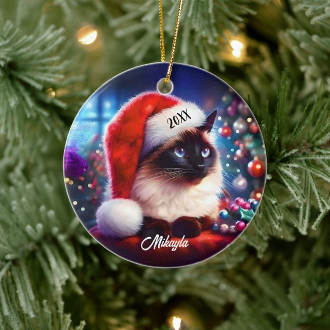 Long Hair Siamese Cat in a Santa Hat Christmas Ceramic Ornament (Tree)