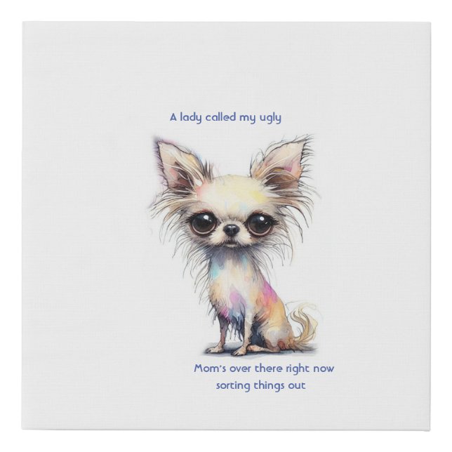 Long Hair White Chihuahua large eyes Faux Canvas Print (Front)