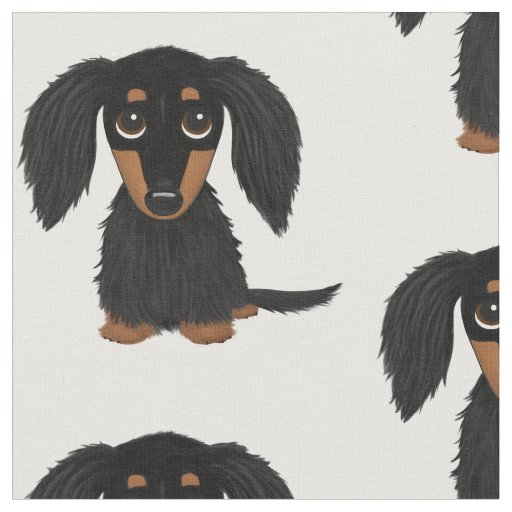 Long Haired Black and Tan Dachshund Cartoon Dog Fabric
