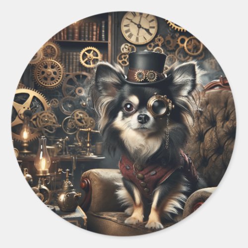 Long_haired black and white Chihuahua Steampunk Classic Round Sticker