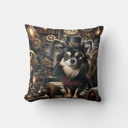 Long_haired black and white Chihuahua Steampunk Throw Pillow