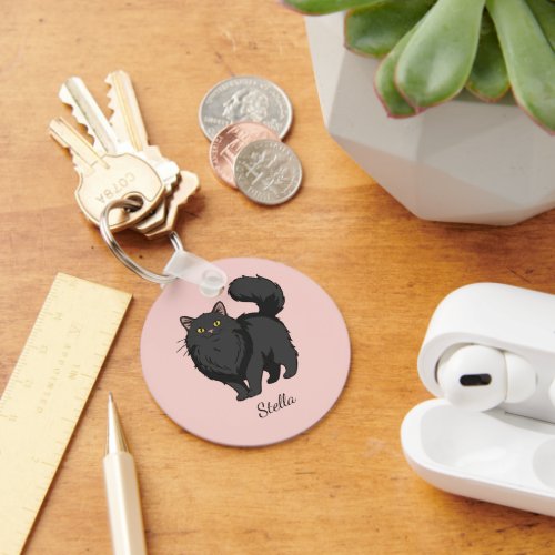 Long Haired Black Cat Mom Personalized Keychain